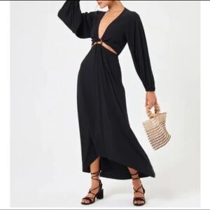 L*Space Colette Dress Waist Cutout Deep V Neck Blouson Sleeve Black Size S - NWT